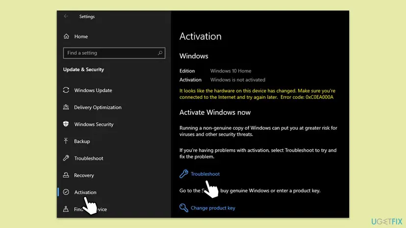 Windows 10 Settings, Update and Security, Activation page with Windows 10 Home not activated, an error message and the Troubleshoot link