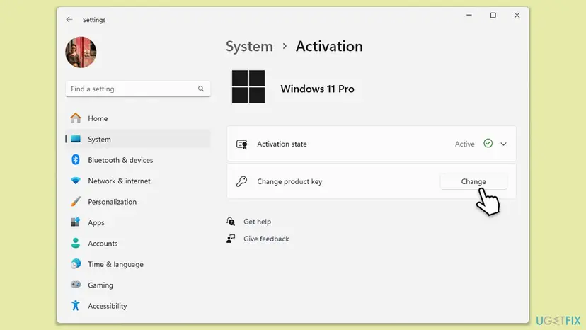 Windows 11 Settings, System, Activation page for Windows 11 Pro with the Activation state row and the Change button next to Change product key