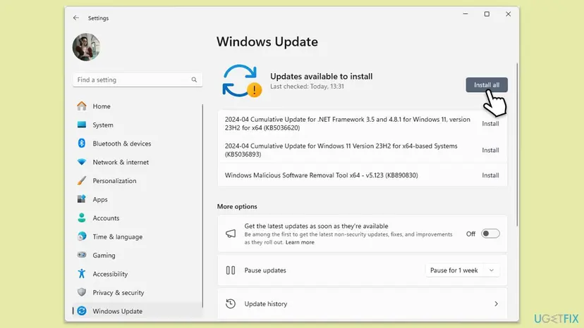 Windows 11 Settings, Windows Update page with Updates available to install, a list of cumulative updates and the Install all button
