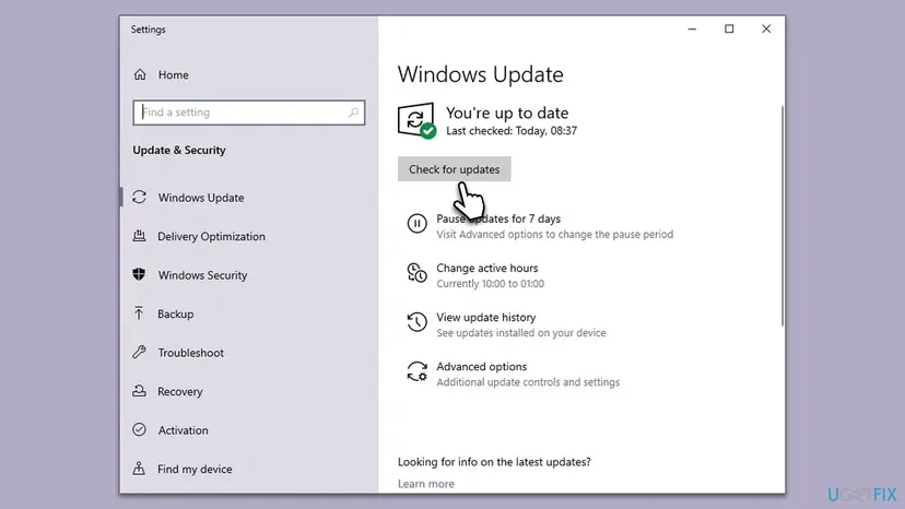 Windows 10 Settings on the Windows Update page with the Check for updates button and the Advanced options link below it