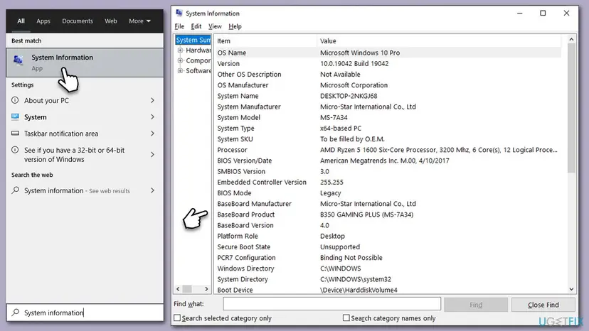 System Information window in Windows 10 showing System Model, BIOS Version and Date, and BaseBoard Product next to the search result for System Information