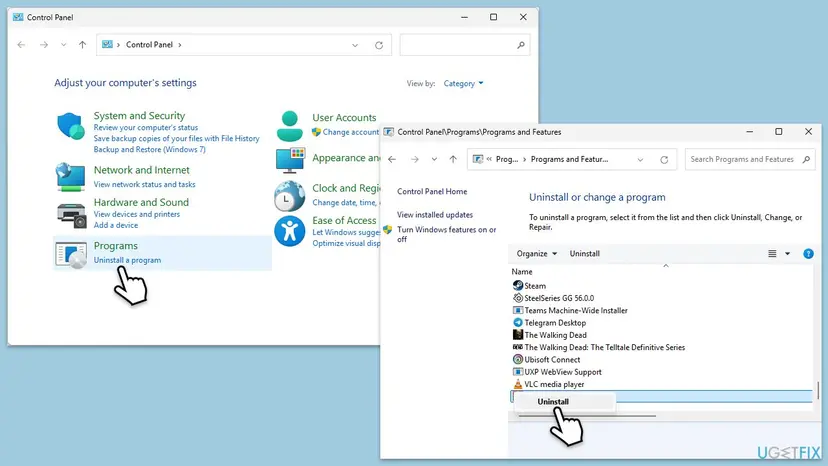 Control Panel with Programs and Uninstall a program, and the Programs and Features list with Steam, VLC media player and others and the Uninstall option selected