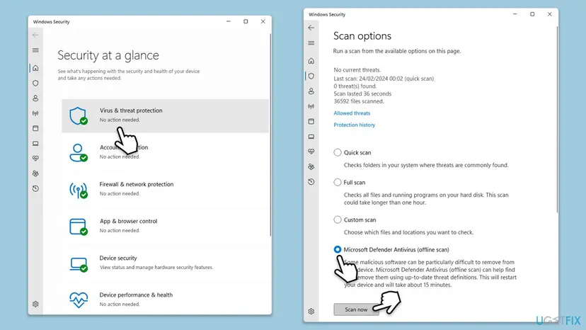 Windows Security on Windows 11 with Virus and threat protection, and Scan options with Microsoft Defender Antivirus offline scan selected and the Scan now button