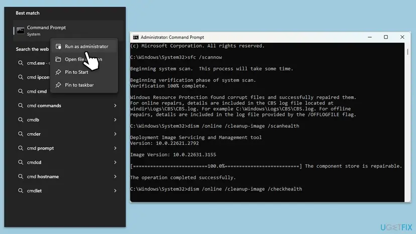 Windows 11 search with Command Prompt and Run as administrator, next to an administrator Command Prompt after sfc /scannow and dism /online /cleanup-image /scanhealth