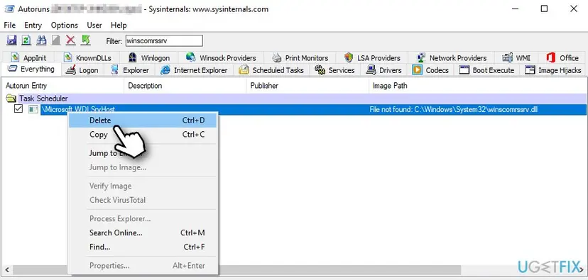Autoruns with the winscomrssrv startup entry selected and its right-click menu open on the Delete command