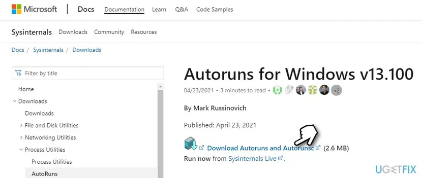 Microsoft's Sysinternals web page for Autoruns for Windows with the download link for the Autoruns ZIP file