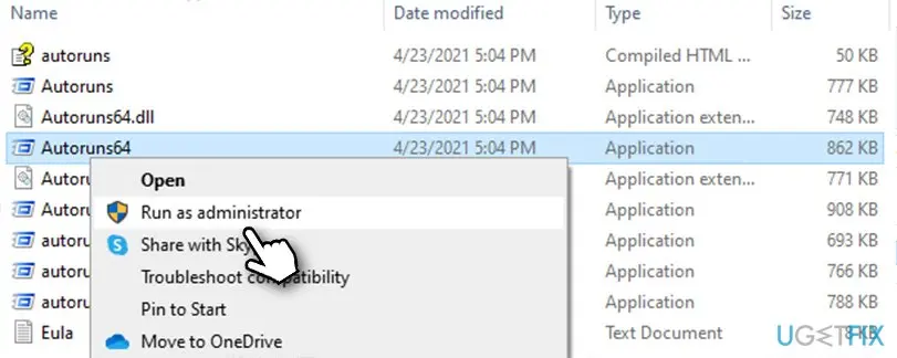 File Explorer showing the extracted Autoruns files with the right-click menu of Autoruns64 open on Run as administrator