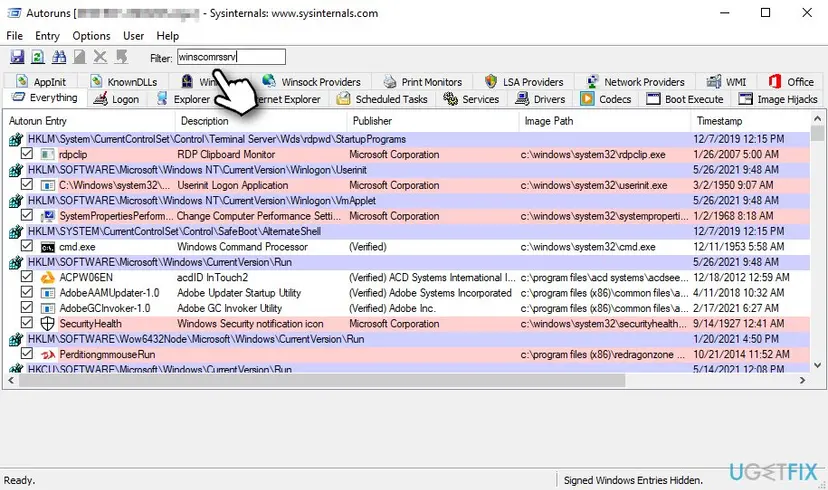 Autoruns window with winscomrssrv typed into the Filter box and the matching startup entry shown in the list