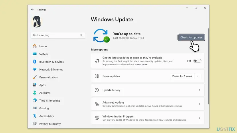 Windows 11 Settings on the Windows Update page with the Check for updates button, the up to date status and More options