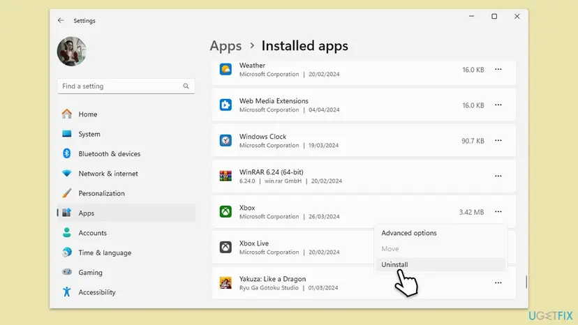 Windows 11 Installed apps list with the menu of the Xbox app open and the Uninstall option selected