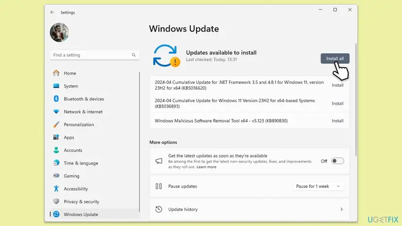 Windows 11 Settings on the Windows Update page with Updates available to install and the Install all button selected