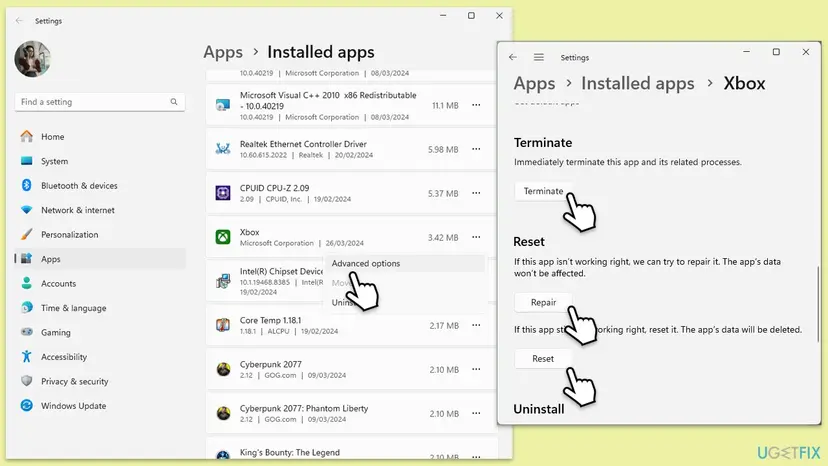 Windows 11 Settings, Installed apps with the Advanced options entry of the Xbox app and its page with the Terminate, Repair and Reset buttons