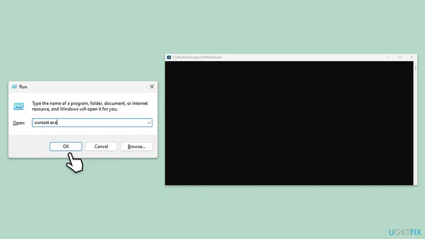 The Run dialog with wsreset.exe typed in the Open box next to the empty WSReset.exe window that clears the Microsoft Store cache