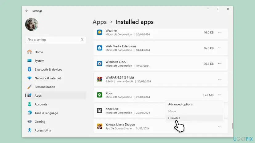 Windows 11 Settings, Apps, Installed apps with the three dots menu of the Xbox app open and the Uninstall entry selected