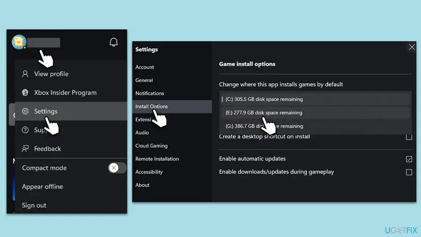 The Xbox app profile menu with Settings selected and the Install options page with a drop-down list of drives C, E and G with their free space