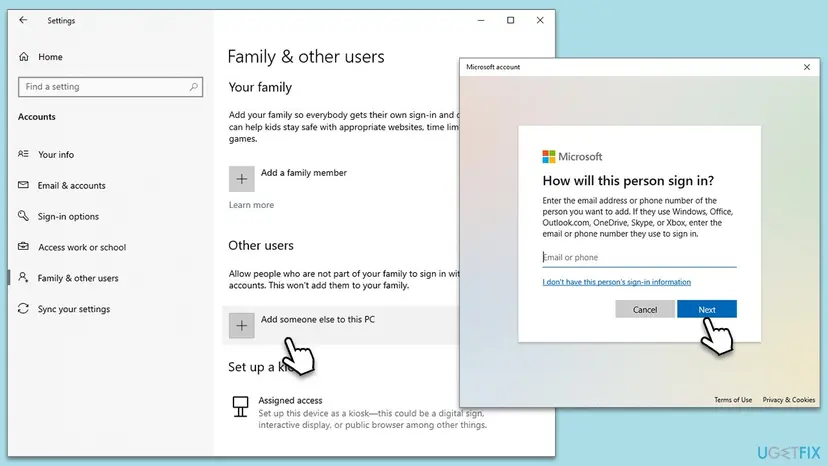 Windows 10 Settings, Accounts, Family and other users with Add someone else to this PC selected and the How will this person sign in window open