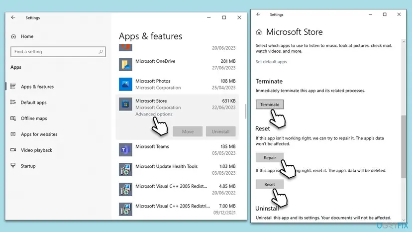 Windows 10 Apps and features with Microsoft Store selected and its Advanced options page showing the Terminate, Repair and Reset buttons