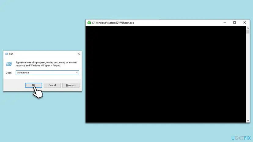 The Run dialog with wsreset.exe typed in the Open box next to the empty WSReset.exe window that clears the Microsoft Store cache