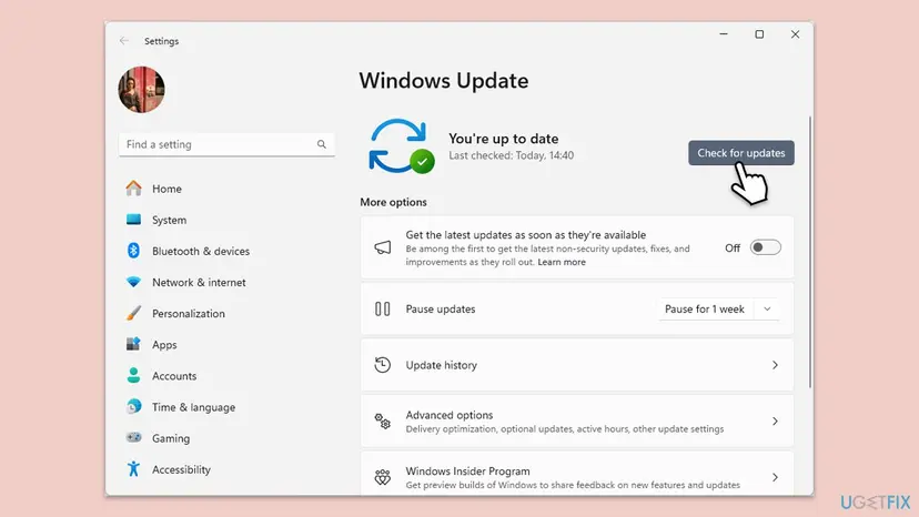 Windows 11 Settings on the Windows Update page with the status You're up to date and the Check for updates button marked