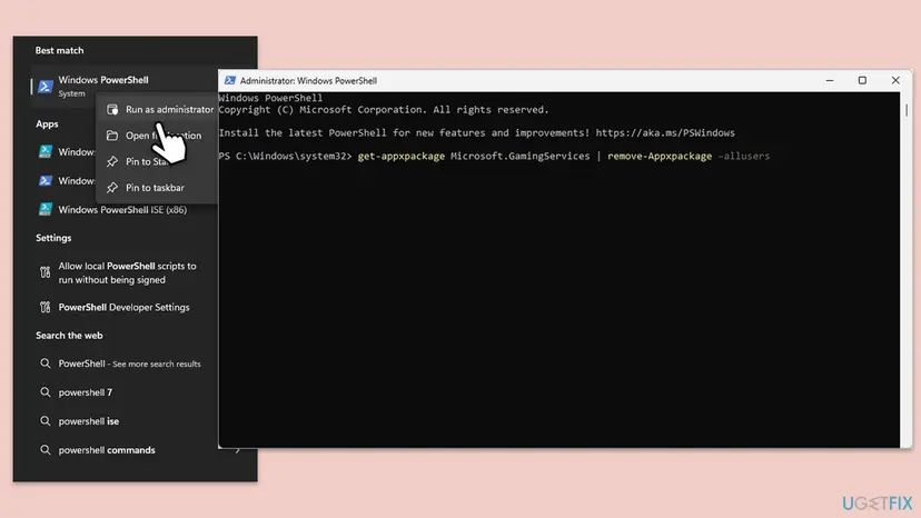 Windows 11 Start search with Windows PowerShell set to Run as administrator, next to an Administrator PowerShell window with the command that removes Microsoft.GamingServices for all users