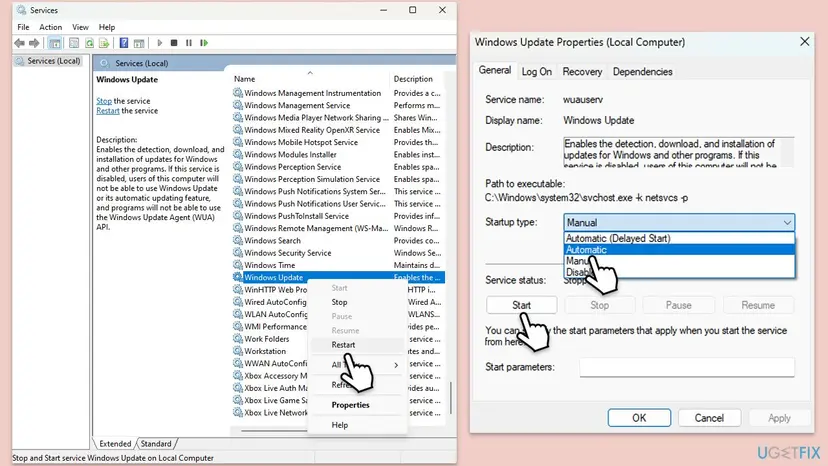 The Services window on Windows 11 with Windows Update selected and its Properties dialog open, showing the Startup type list and the Start button