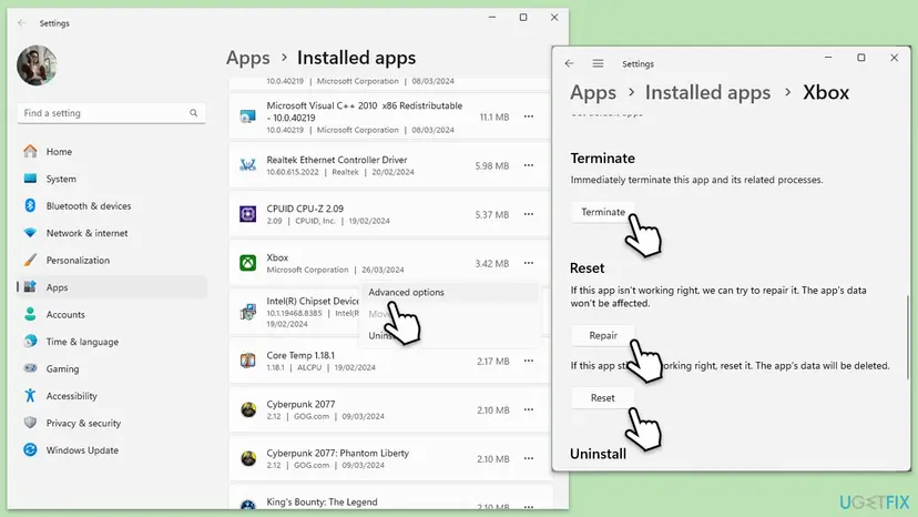 Windows 11 Settings, Apps, Installed apps with the Xbox entry menu showing Advanced options, and the Xbox advanced options page with Terminate, Repair and Reset