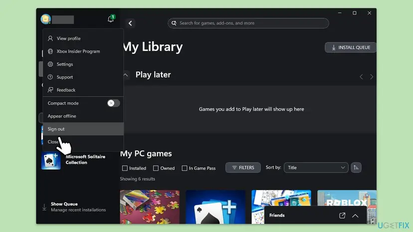 The Xbox app on Windows 11 with the profile menu open, listing View profile, Settings, Support, Appear offline and Sign out, with My Library behind it