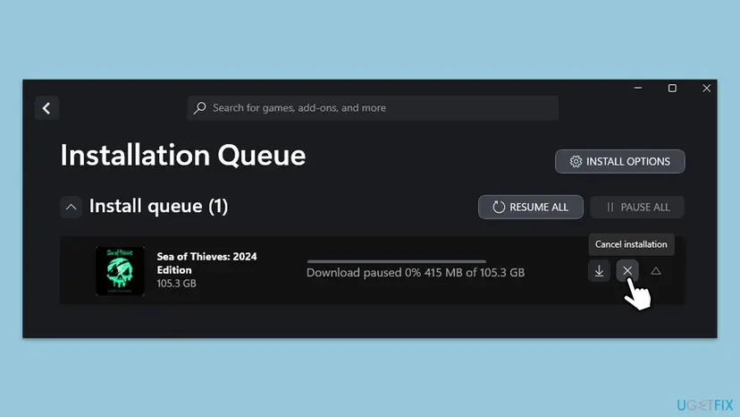 Xbox app Installation Queue on Windows 11 with a paused game download and the Cancel installation button under the mouse pointer