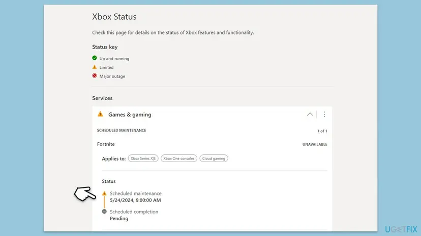 Xbox Status web page with the Games and gaming service showing a Limited alert and scheduled maintenance details