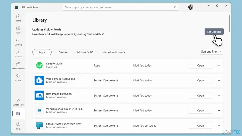 Microsoft Store Library page on Windows 11 with Updates and downloads and the Get updates button selected