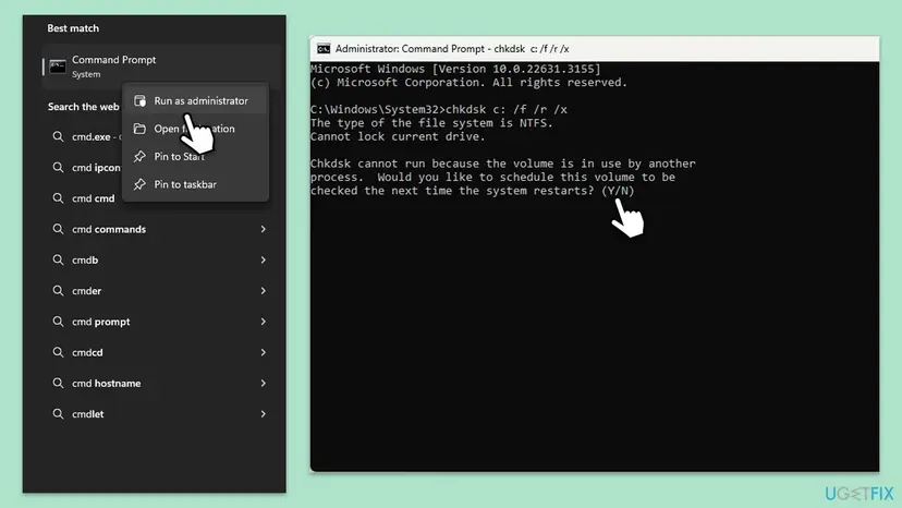 Command Prompt opened as administrator running the chkdsk scan command on a Windows drive