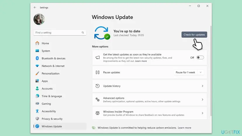 Windows Update settings page with the Check for updates button ready to install pending updates