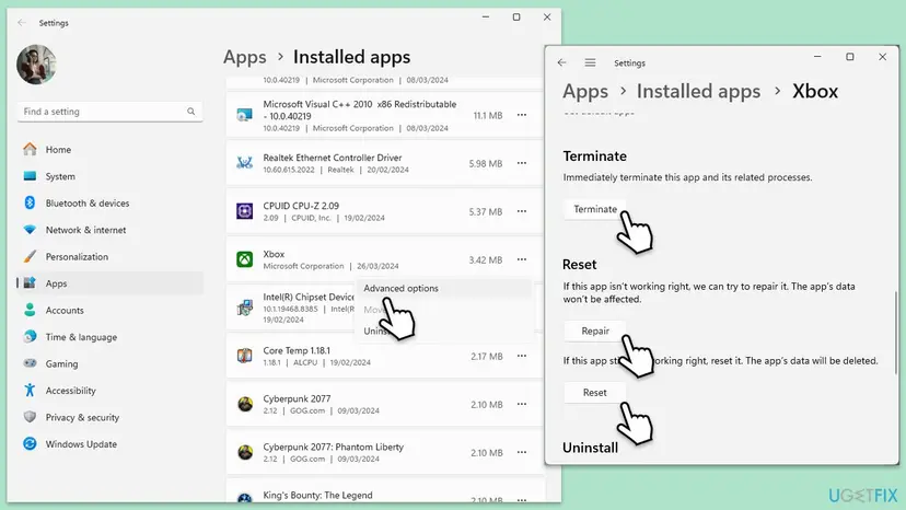 Windows Settings showing installed apps and the advanced options page of the Xbox app with Terminate, Repair and Reset