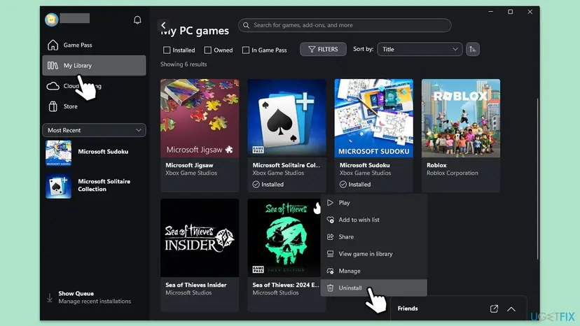 Xbox app showing My Library and the Uninstall option selected in the context menu of a game