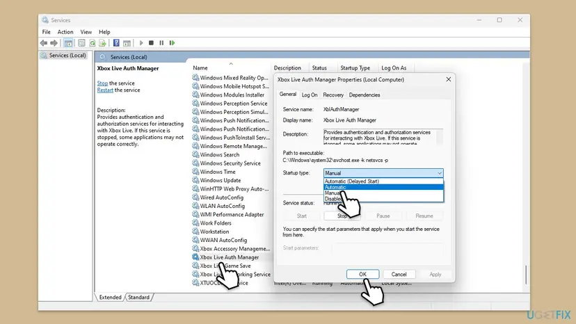 The Services window on Windows 11 with the Xbox Live Auth Manager Properties dialog open and the Startup type list showing Automatic, Manual and Disabled