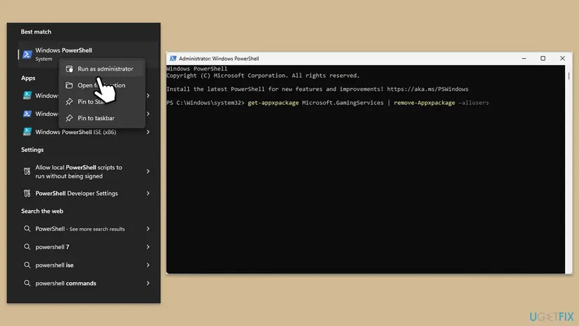 Windows search with Run as administrator selected for Windows PowerShell, next to an Administrator PowerShell window with the get-appxpackage Microsoft.GamingServices remove command