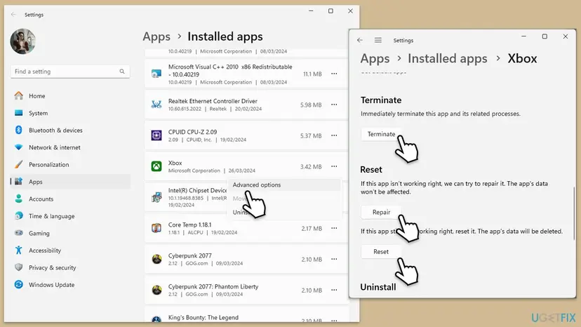 Windows 11 Settings, Apps, Installed apps with the Xbox entry menu showing Advanced options, and the Xbox advanced options page with Terminate, Repair and Reset