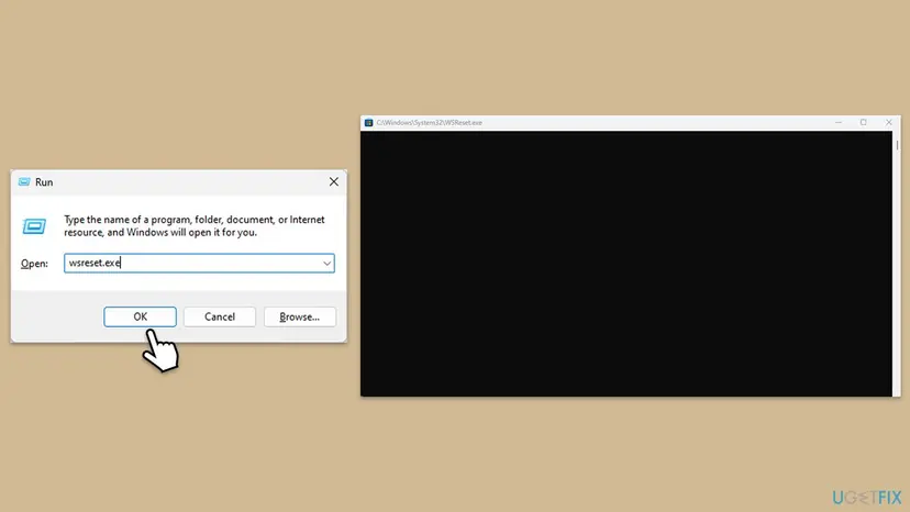 The Run dialog with wsreset.exe typed in the Open box next to the empty black WSReset.exe window that clears the Microsoft Store cache