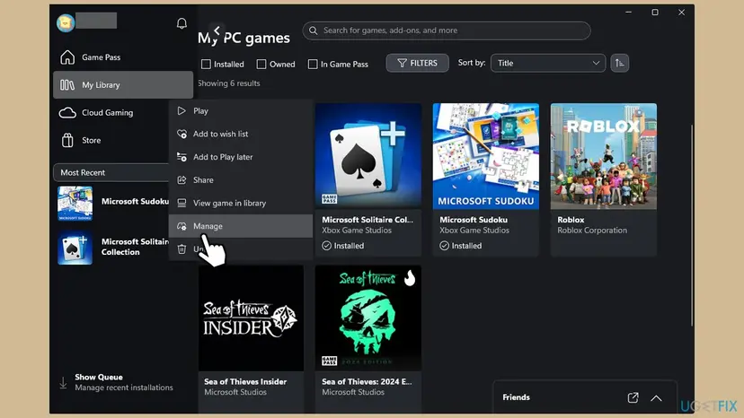 The Xbox app on Windows 11 with My Library open and the right-click menu of a game showing Play, Share, View game in library and Manage