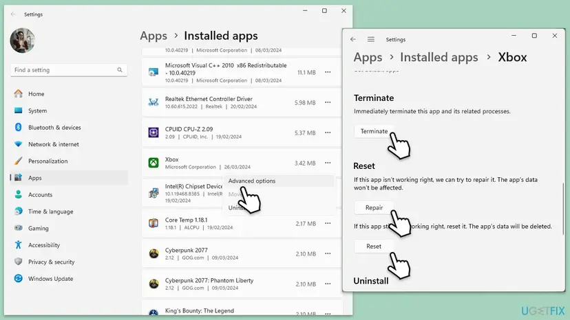 Windows 11 Installed apps list with Advanced options opened for the Xbox app, showing the Terminate, Repair and Reset buttons
