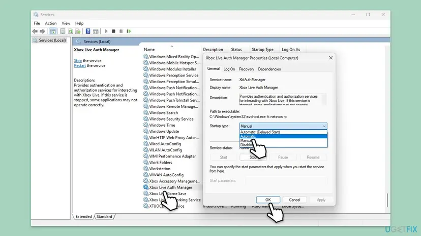 Services window in Windows 11 with Xbox Live Auth Manager properties open, service name XblAuthManager and the Startup type list