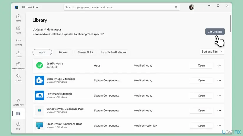 Microsoft Store Library page in Windows 11 with the Get updates button highlighted above the list of installed apps