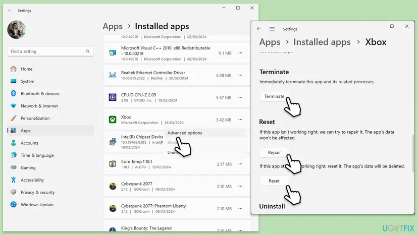 Windows 11 Settings with Installed apps open, Advanced options selected for Xbox, and the Xbox advanced page showing the Terminate, Repair and Reset buttons