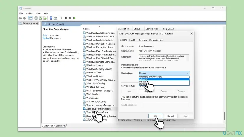 Windows Services list with the Xbox Live Auth Manager properties window open and the Startup type menu showing Automatic, Manual and Disabled