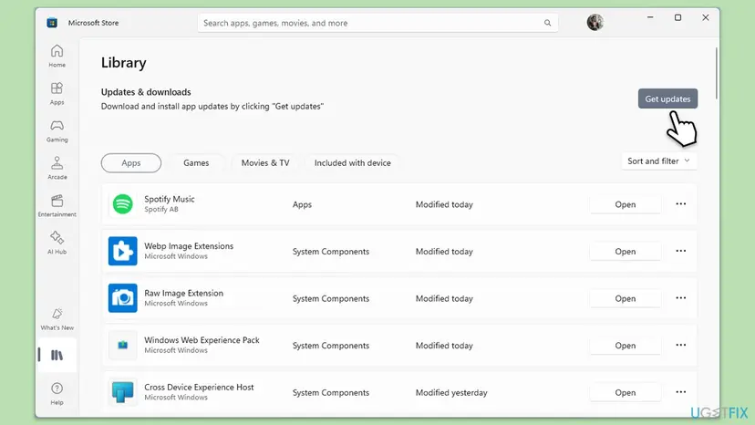 Microsoft Store Library page on Windows 11 with the Updates and downloads section and the Get updates button selected