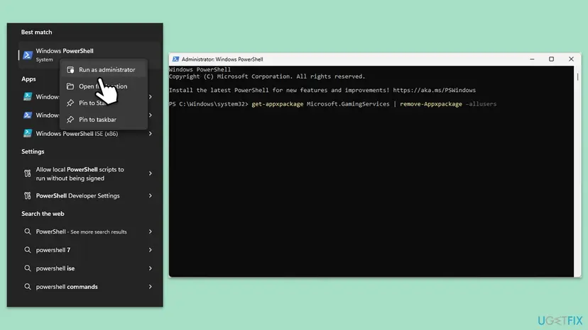 Windows PowerShell opened as administrator with the command that removes the Microsoft.GamingServices package for all users