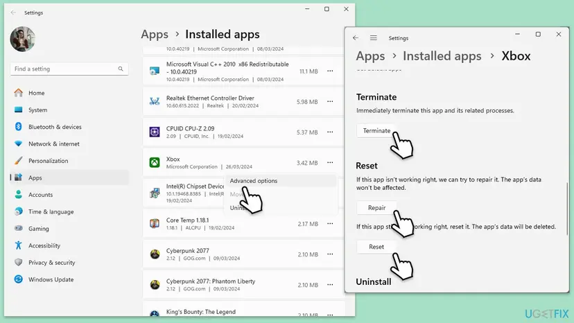 Windows 11 Installed apps with Advanced options opened for the Xbox app, showing the Terminate, Repair and Reset buttons