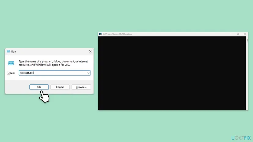 Run dialog on Windows 11 with wsreset.exe typed in the Open box and the blank wsreset window that clears the Microsoft Store cache