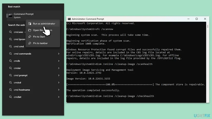 Command Prompt opened as administrator after sfc /scannow found and repaired corrupt files and DISM ScanHealth reported a repairable component store