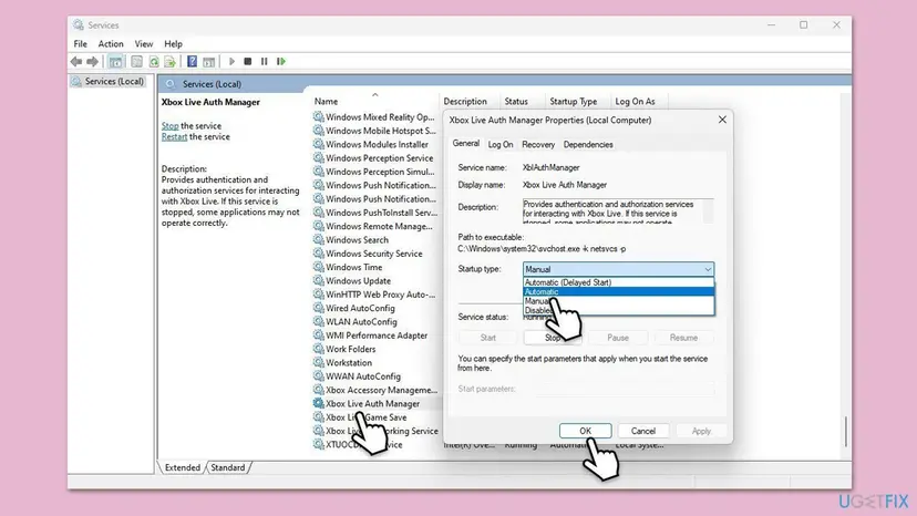 Windows 11 Services window with Xbox Live Auth Manager properties open, service name XblAuthManager and the Startup type list expanded